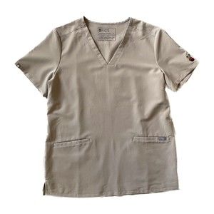Figs Top Scrubs Light Brown With Peace Sign Sleeve Size S